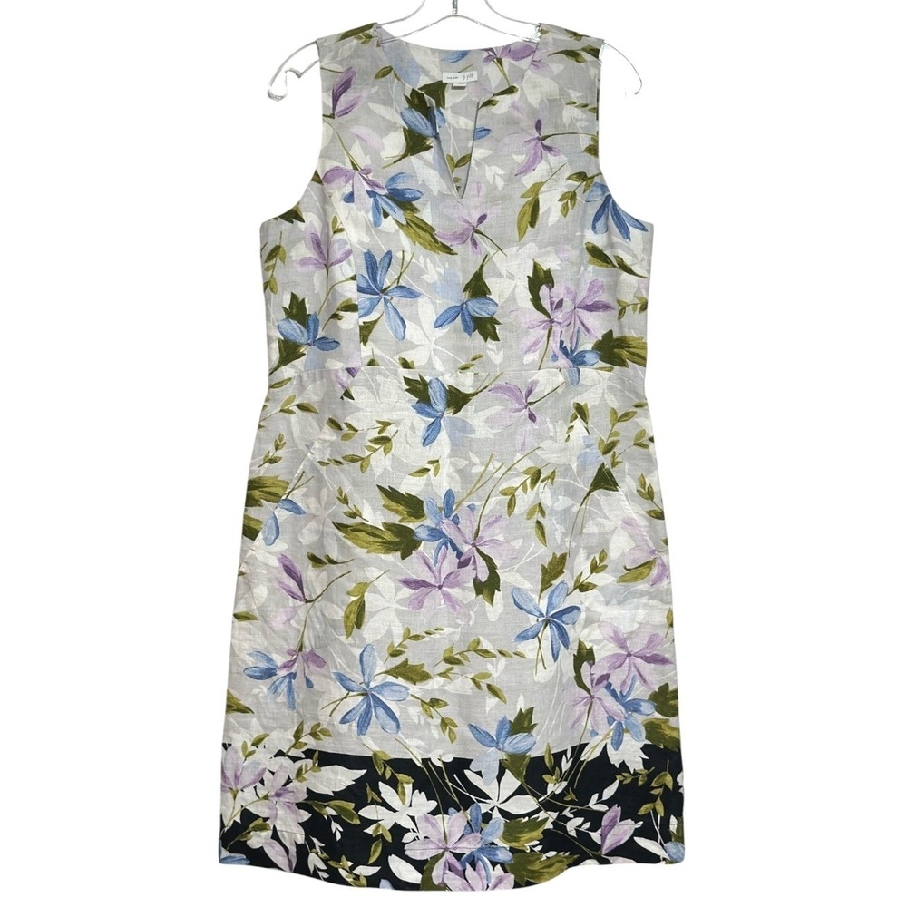 J Jill Shift Dress Women Gray Lavender Green Floral Linen Garden Party Coastal S